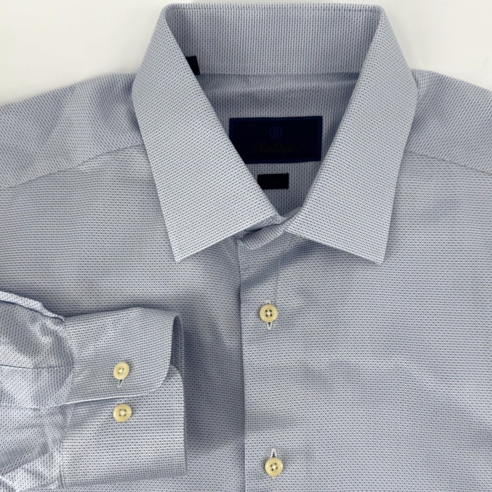 David Donahue Mens Trim Fit Dress Shirt 16.5 34/35 Blue Textured Cotton L/S